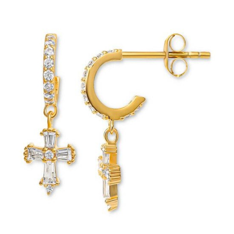 Jewelry & Watches * | Best Deal Giani Bernini Cubic Zirconia Cross Dangle C Hoop Earrings In Gold-Plated Sterling Silver, Created For Macy'S Gold Over Silver