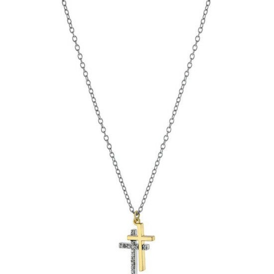 Jewelry & Watches * | Flash Sale Giani Bernini Cubic Zirconia Double Cross Pendant Necklace In Gold-Plate, 16 + 2 Extender, Created For Macy'S Sterling Silver