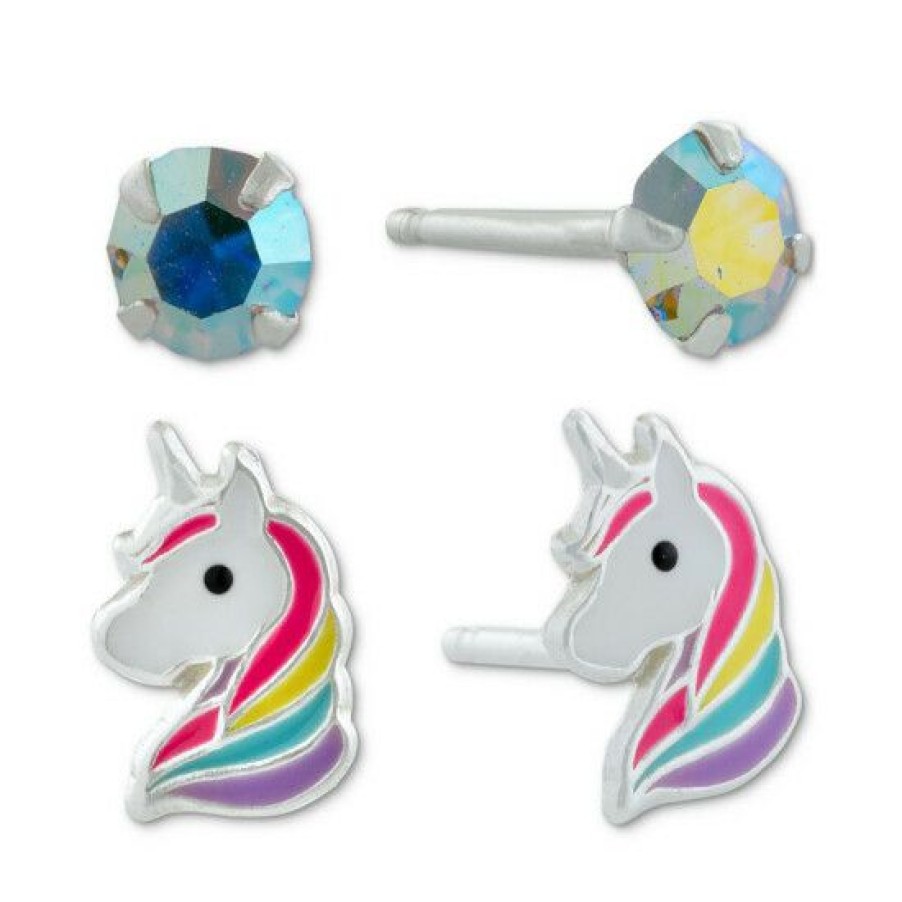 Jewelry & Watches * | Outlet Giani Bernini 2-Pc. Set Crystal & Enamel Unicorn Stud Earrings In Sterling Silver, Created For Macy'S Multi