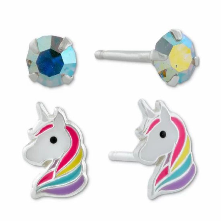 Jewelry & Watches * | Outlet Giani Bernini 2-Pc. Set Crystal & Enamel Unicorn Stud Earrings In Sterling Silver, Created For Macy'S Multi