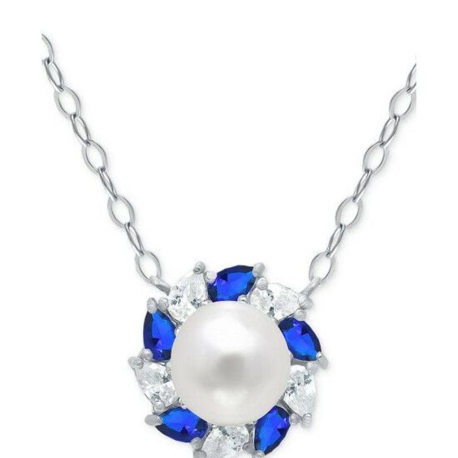 Jewelry & Watches * | Flash Sale Giani Bernini Freshwater Pearl (6Mm), Lab-Created Blue Sapphire (1/6 Ct. T.W.), & Cubic Zirconia Halo Pendant Necklace In , 16 + 2 Extender, Created For Macy'S Sterling Silver