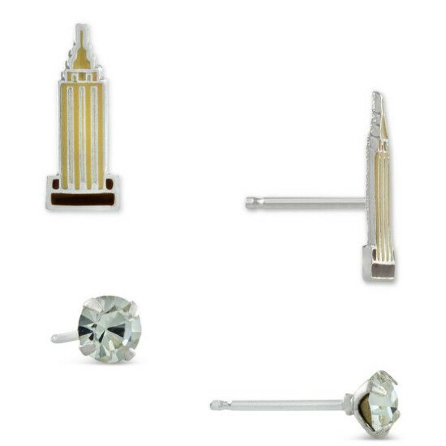 Jewelry & Watches * | Deals Giani Bernini 2-Pc. Set Empire State Building & Crystal Solitaire Stud Earrings In , Created For Macy'S Sterling Silver