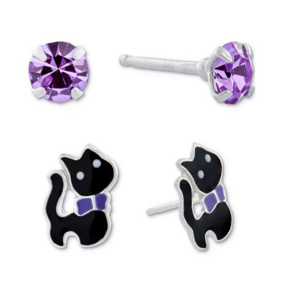 Jewelry & Watches * | Best Reviews Of Giani Bernini 2-Pc. Set Crystal Solitaire & Enamel Cat Stud Earrings In Sterling Silver, Created For Macy'S Black/White