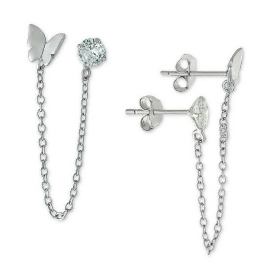 Jewelry & Watches * | Coupon Giani Bernini Cubic Zirconia Butterfly Chain Double Pierced Drop Earrings In , Created For Macy'S Sterling Silver