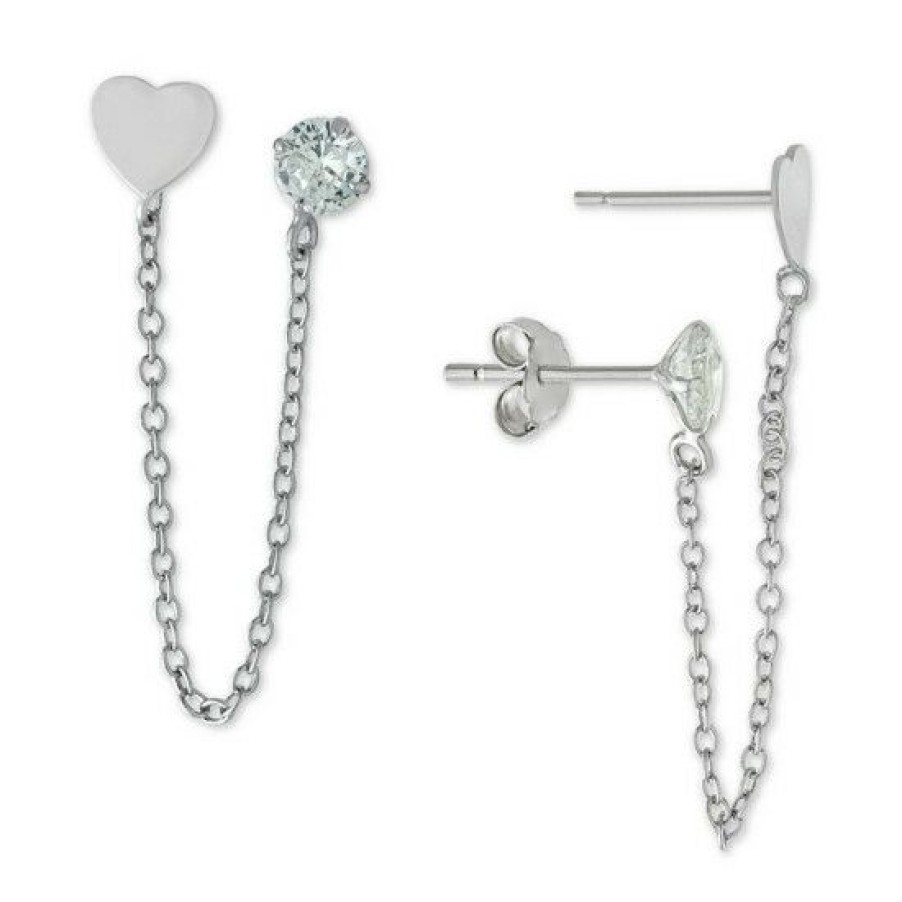 Jewelry & Watches * | Best Reviews Of Giani Bernini Cubic Zirconia Heart Double Pierced Chain Drop Earrings In , Created For Macy'S Sterling Silver