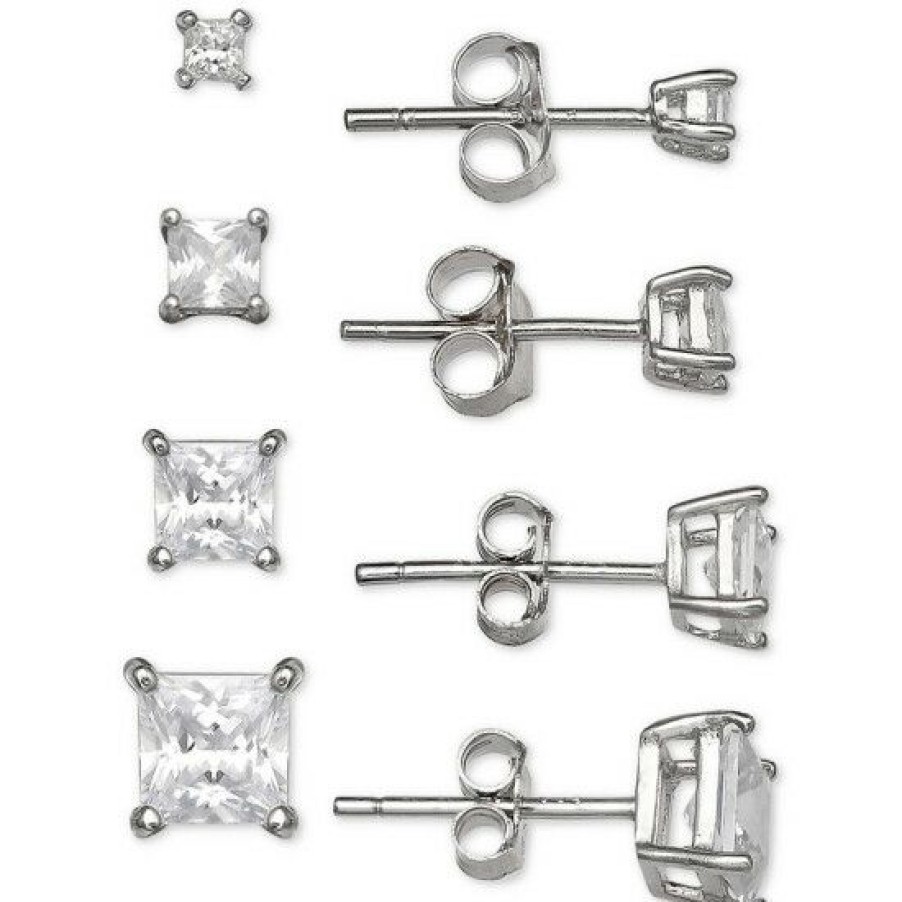 Jewelry & Watches * | Deals Giani Bernini 4-Pc. Set Cubic Zirconia Princess Stud Earrings In Sterling , Created For Macy'S Silver