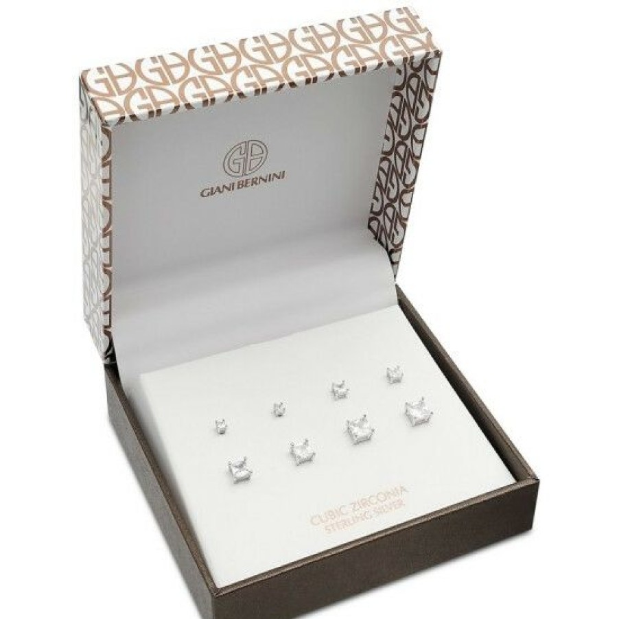 Jewelry & Watches * | Deals Giani Bernini 4-Pc. Set Cubic Zirconia Princess Stud Earrings In Sterling , Created For Macy'S Silver