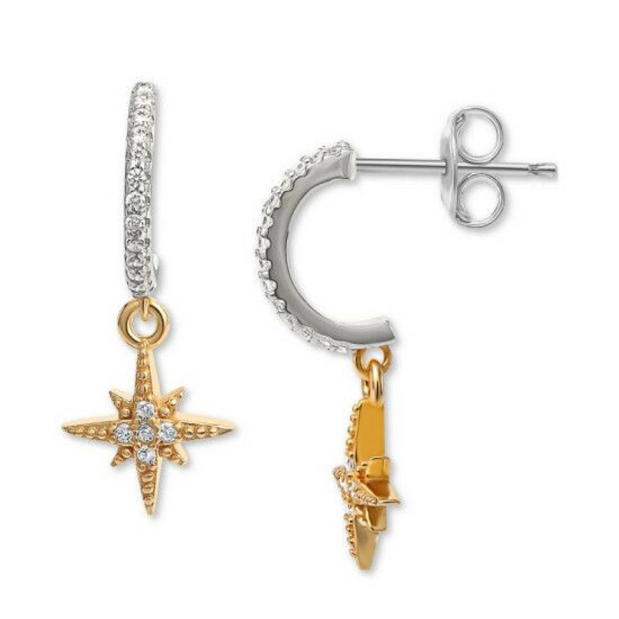 Jewelry & Watches * | Outlet Giani Bernini Cubic Zirconia Star Dangle C Hoop Earrings In Sterling Silver & Gold-Plate, Created For Macy'S Two Tone