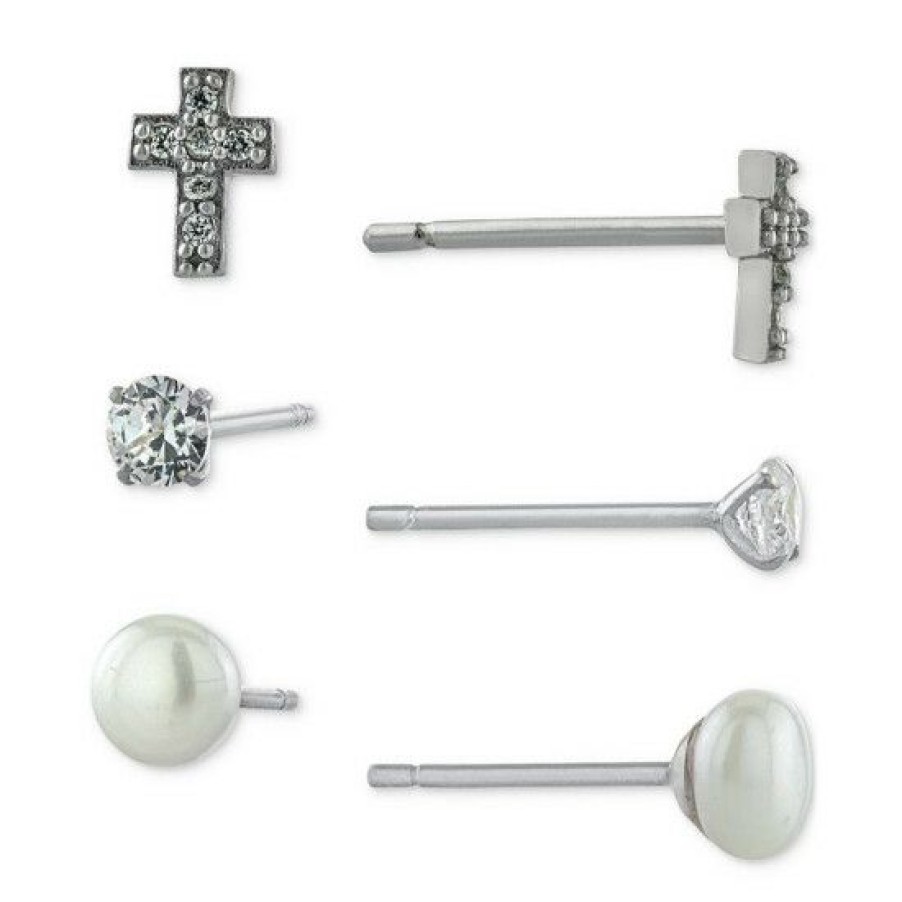 Jewelry & Watches * | Hot Sale Giani Bernini 3-Pc. Cubic Zirconia & Cultured Freshwater Pearl (4Mm) Stud Earrings In , Created For Macy'S Sterling Silver