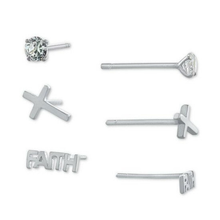 Jewelry & Watches * | Best Deal Giani Bernini 3-Pc. Set Cubic Zirconia & Faith-Themed Stud Earrings In , Created For Macy'S Sterling Silver