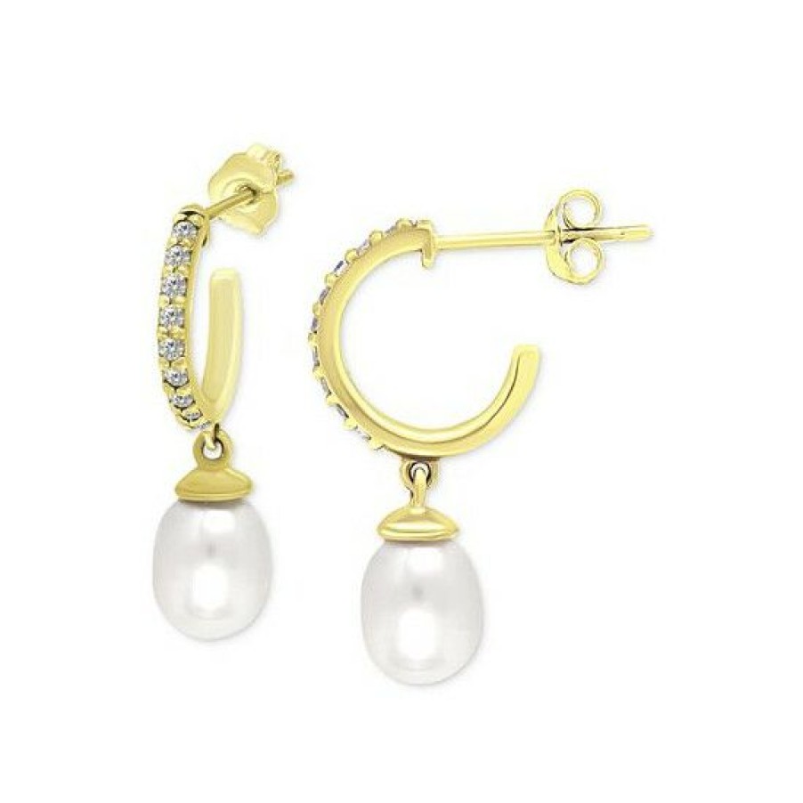 Jewelry & Watches * | Top 10 Giani Bernini Freshwater Pearl (8 X 6Mm) & Cubic Zirconia Dangle Hoop Earrings, Created For Macy'S