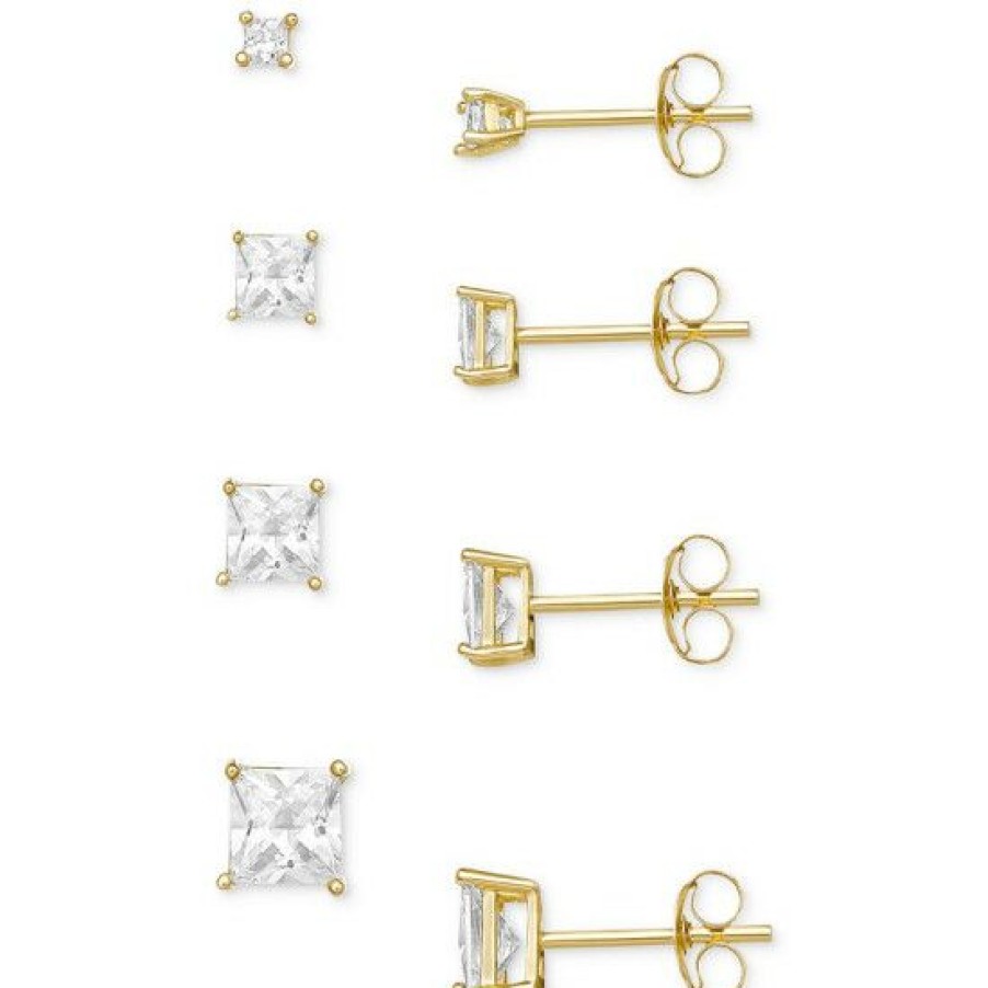 Jewelry & Watches * | Best Sale Giani Bernini 4-Pc. Set Cubic Zirconia Princess Stud Earrings In 18K Plated Sterling Silver, Created For Macy'S Gold