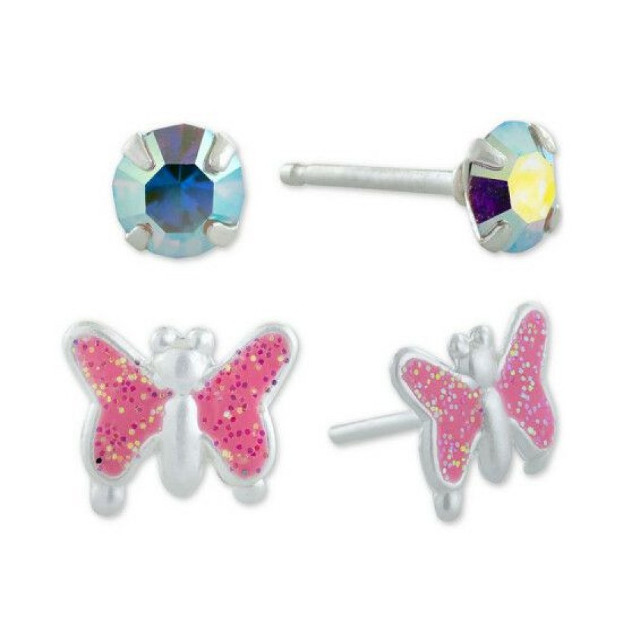 Jewelry & Watches * | Promo Giani Bernini 2-Pc. Set Crystal Solitaire & Glitter Butterfly Stud Earrings In Sterling Silver, Created For Macy'S Multi