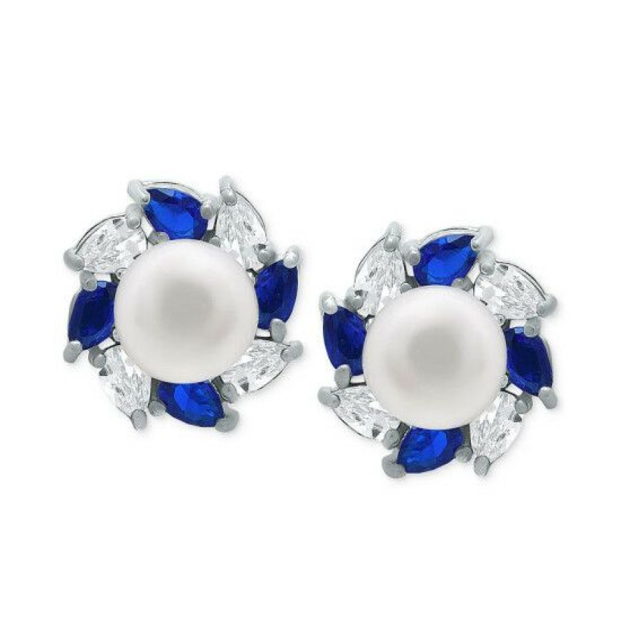 Jewelry & Watches * | Best Deal Giani Bernini Freshwater Pearl (5Mm), Lab-Created Blue Sapphire (1/3 Ct. T.W.), & Cubic Zirconia Halo Stud Earrings In , Created For Macy'S Sterling Silver