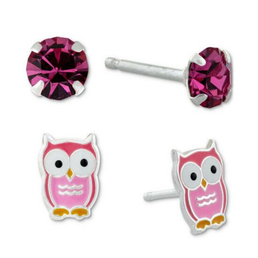 Jewelry & Watches * | Best Pirce Giani Bernini 2-Pc. Set Crystal Solitaire & Enamel Owl Stud Earrings In Sterling Silver, Created For Macy'S Pink/White